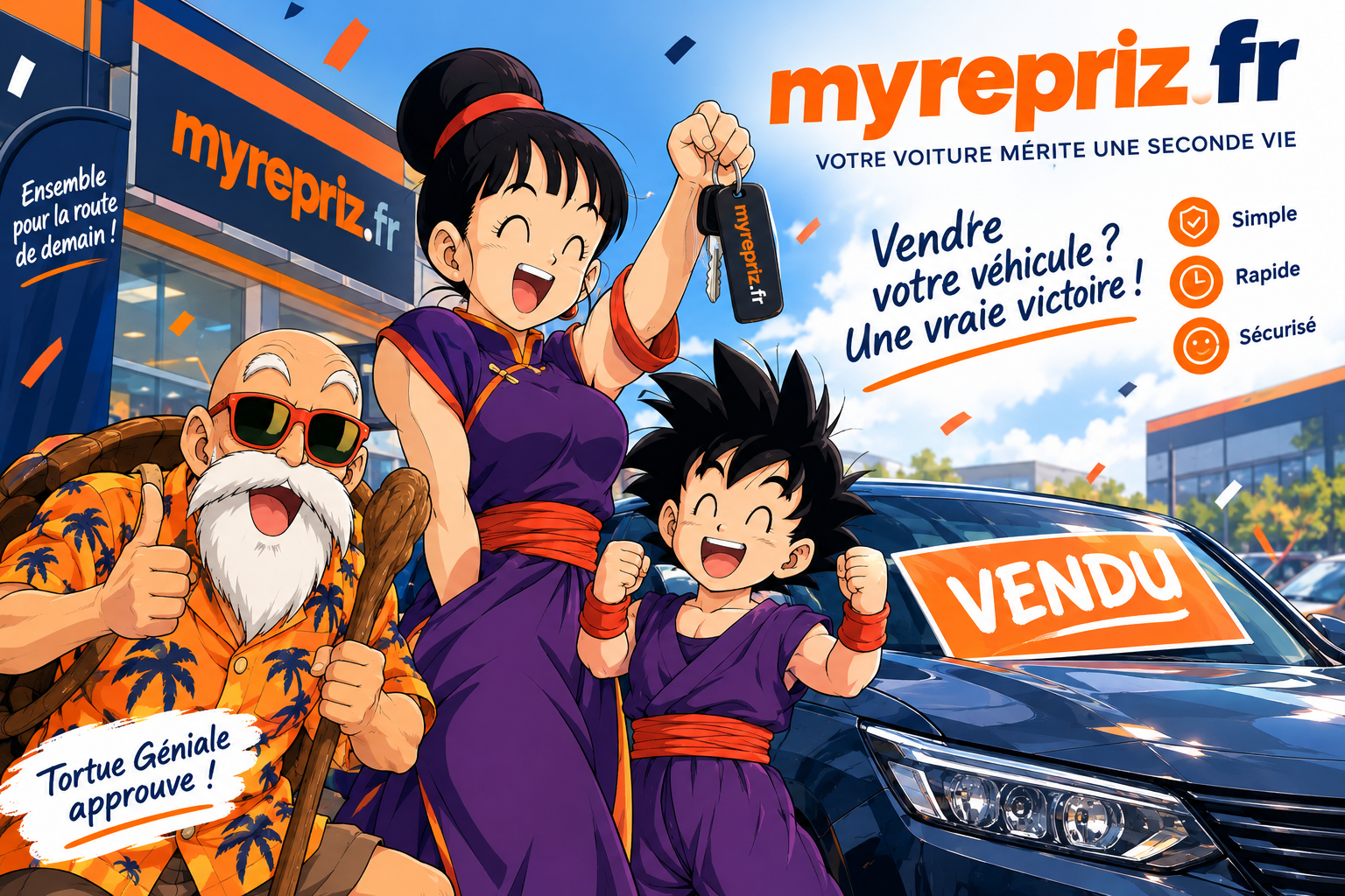 Tortue Géniale, Chichi et Gohan célèbrent une vente : vendre votre véhicule, une vraie victoire