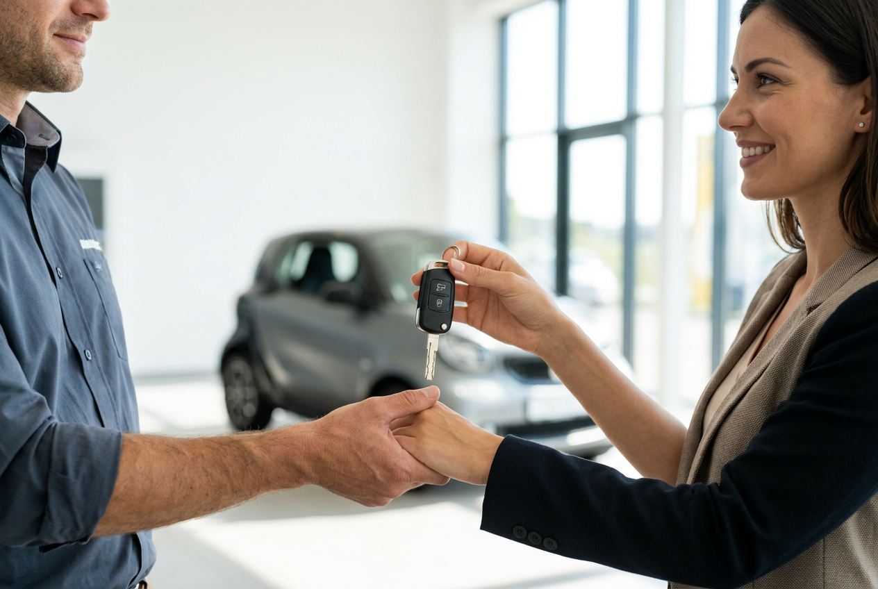 Cliente souriante remettant ses clés à un conseiller dans un showroom automobile lumineux