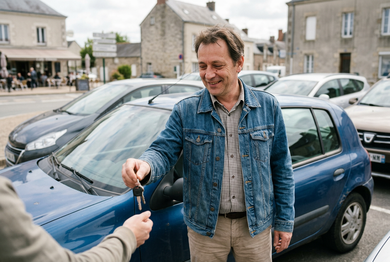 Propriétaire détendu remettant les clés de sa citadine après une vente rapide