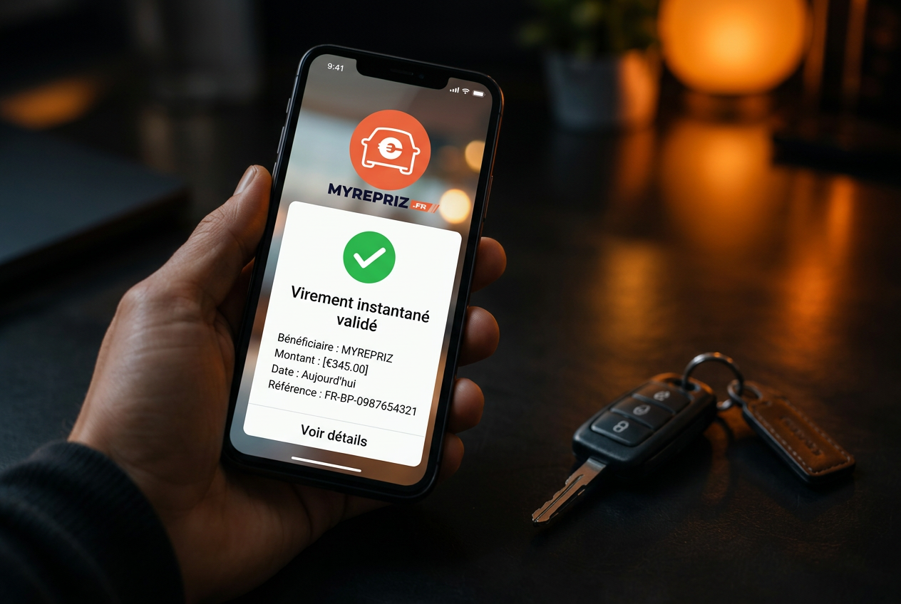 Virement bancaire instantané validé sur un smartphone avec le logo MyRepriz